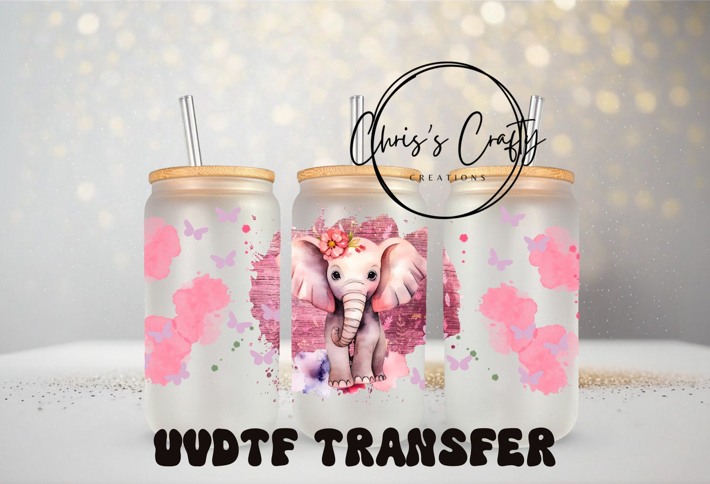 UVDTF Wrap Elephant Floral 16oz Can Glass Mug Tumbler, Elephant Wrap, Ready to Apply, Permanent Permanent Adhesive