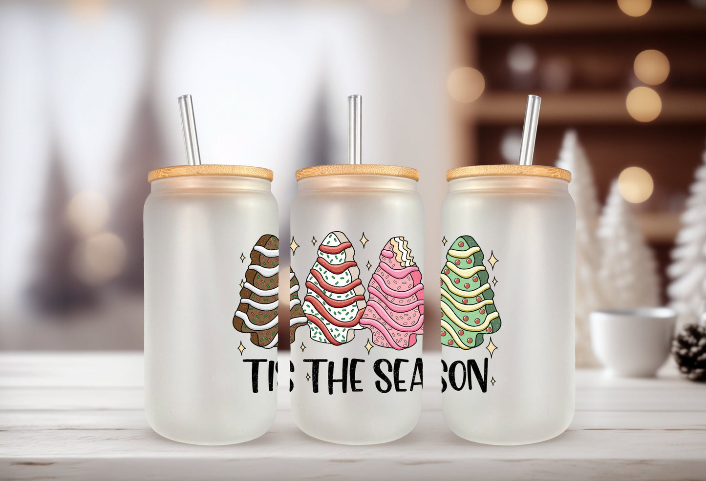 UVDTF Decal Tis the Season Multi color Cakes 16oz Can Glass Mug Tumbler, Funny Decal, Ready to apply, Permanent Waterproof Adhesive
