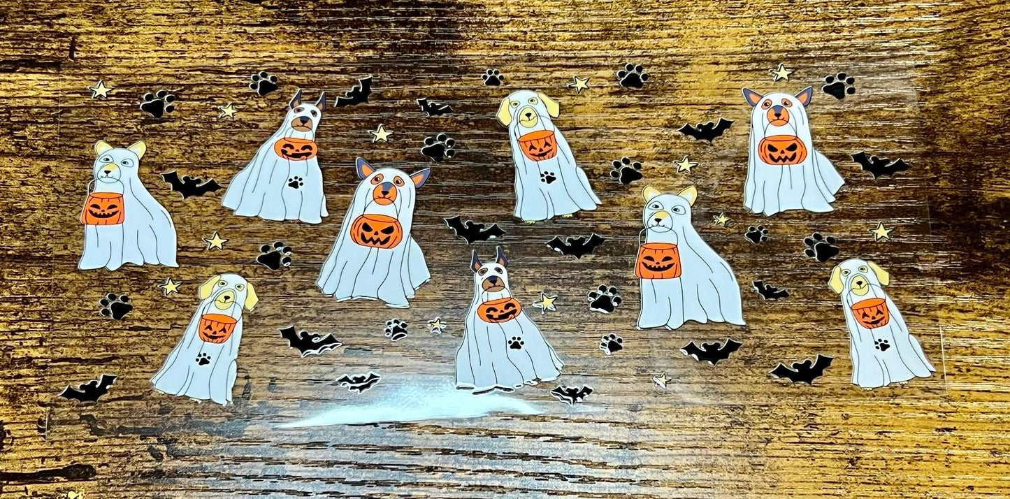 UVDTF Wrap Halloween Spooky Ghost Dogs for 16oz Can Glass Mug Tumbler, Ready to apply, Permanent adhesive, Double Sided option