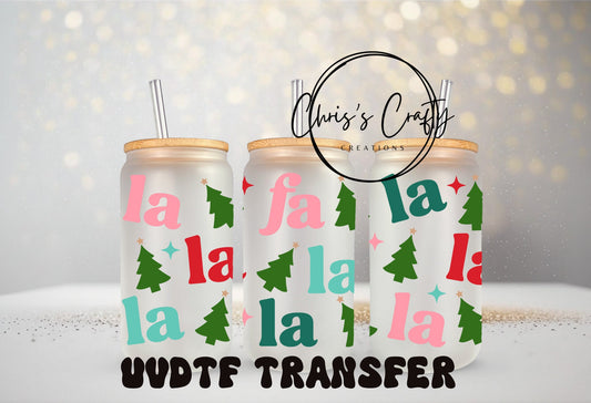 UVDTF Wrap Fa La La La Pink Green Red 16oz Can Glass Mug Tumbler, Ready to apply, Waterproof Permanent Adhesive, Double sided Option