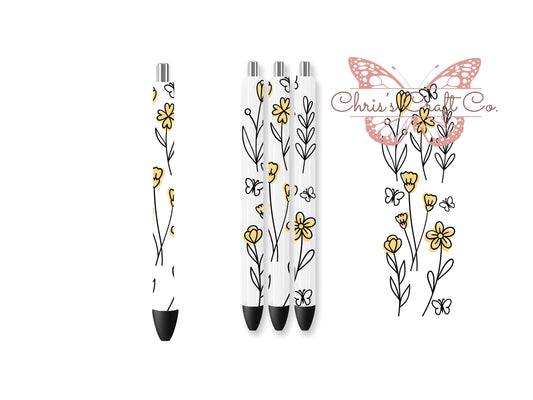 UVDTF Wrap Butterfly Wildflower Yellow for Pen, Metal Glitter Pens, Butterfly Wrap, Ink Joy, Permanent Adhesive Waterproof