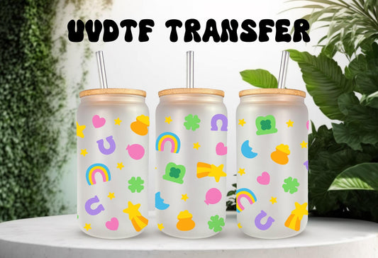 UVDTF Wrap Lucky St. Patrick  Charms 16oz Can Glass Mug Tumbler, Ready to apply. Permanent Waterproof Adhesive