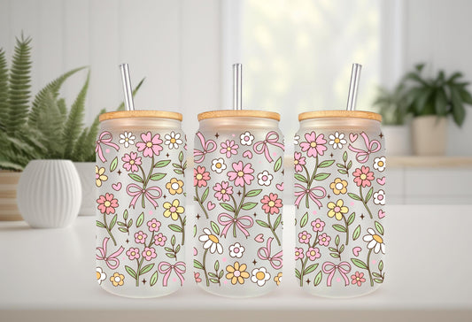UVDTF Wrap Spring Daisy Bow 16oz Can Glass Mug Tumbler, Spring Flower Wrap, Ready to apply, Permanent Waterproof Adhesive