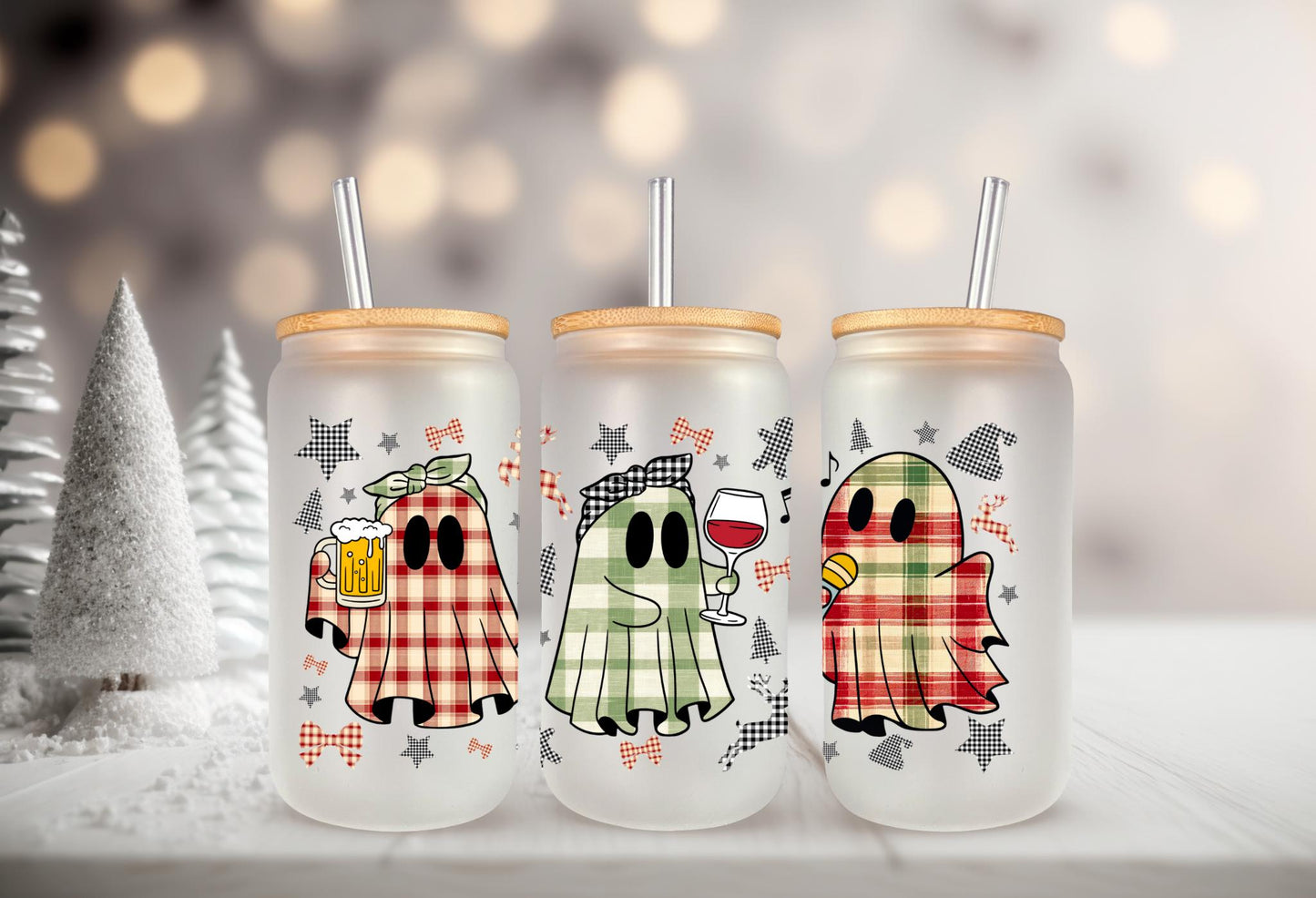 UVDTF Wrap Plaid Drinking Ghosts 16oz Can Glass, Mug,  40oz  Tumbler, Halloween Ghost Wrap, Ready to apply, Permanent Adhesive