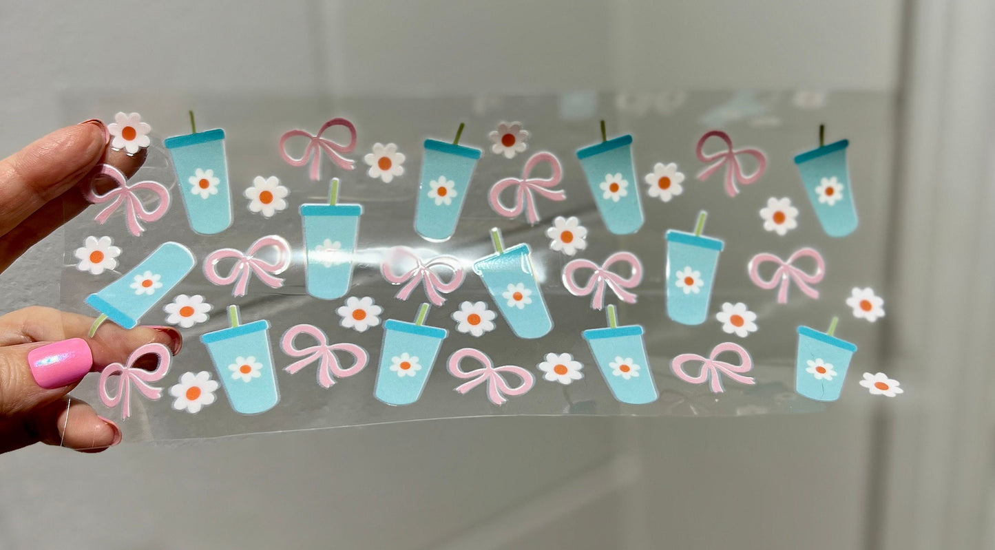 UVDTF Wrap Blue Tumbler Daisies 16oz Can Glass Mug Tumbler,  Ready to apply, Permanent Waterproof Adhesive