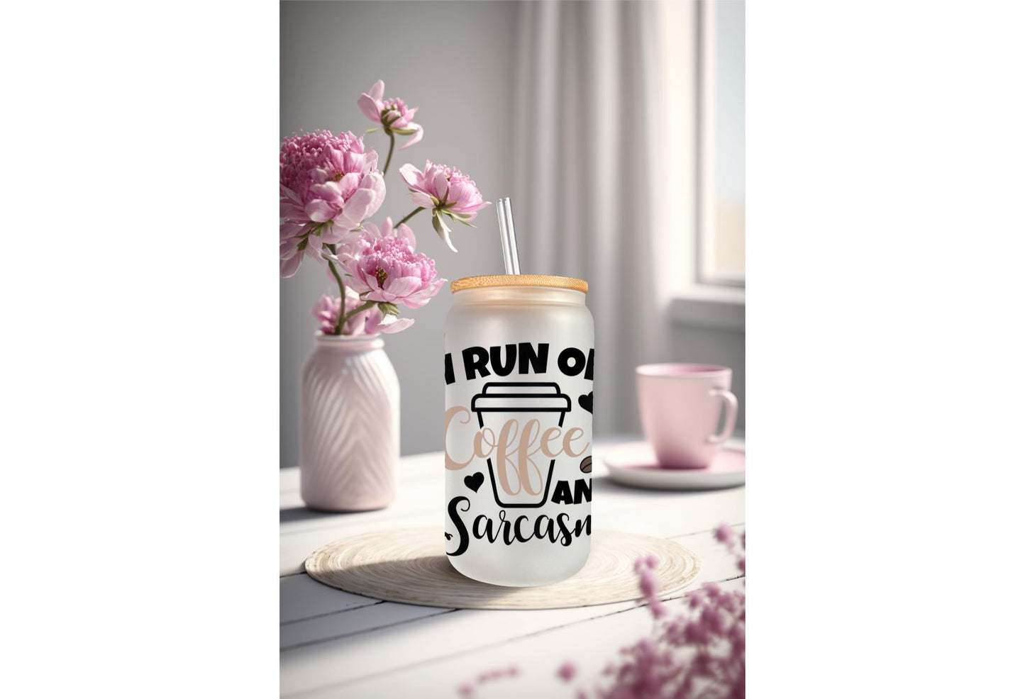 UVDTF Wrap Sarcastic Funny Saying 16oz Can Glass Mug Tumbler, Run on Coffee and Sarcasm Wrap, Ready to Apply, Permanent Waterproof Adhesive