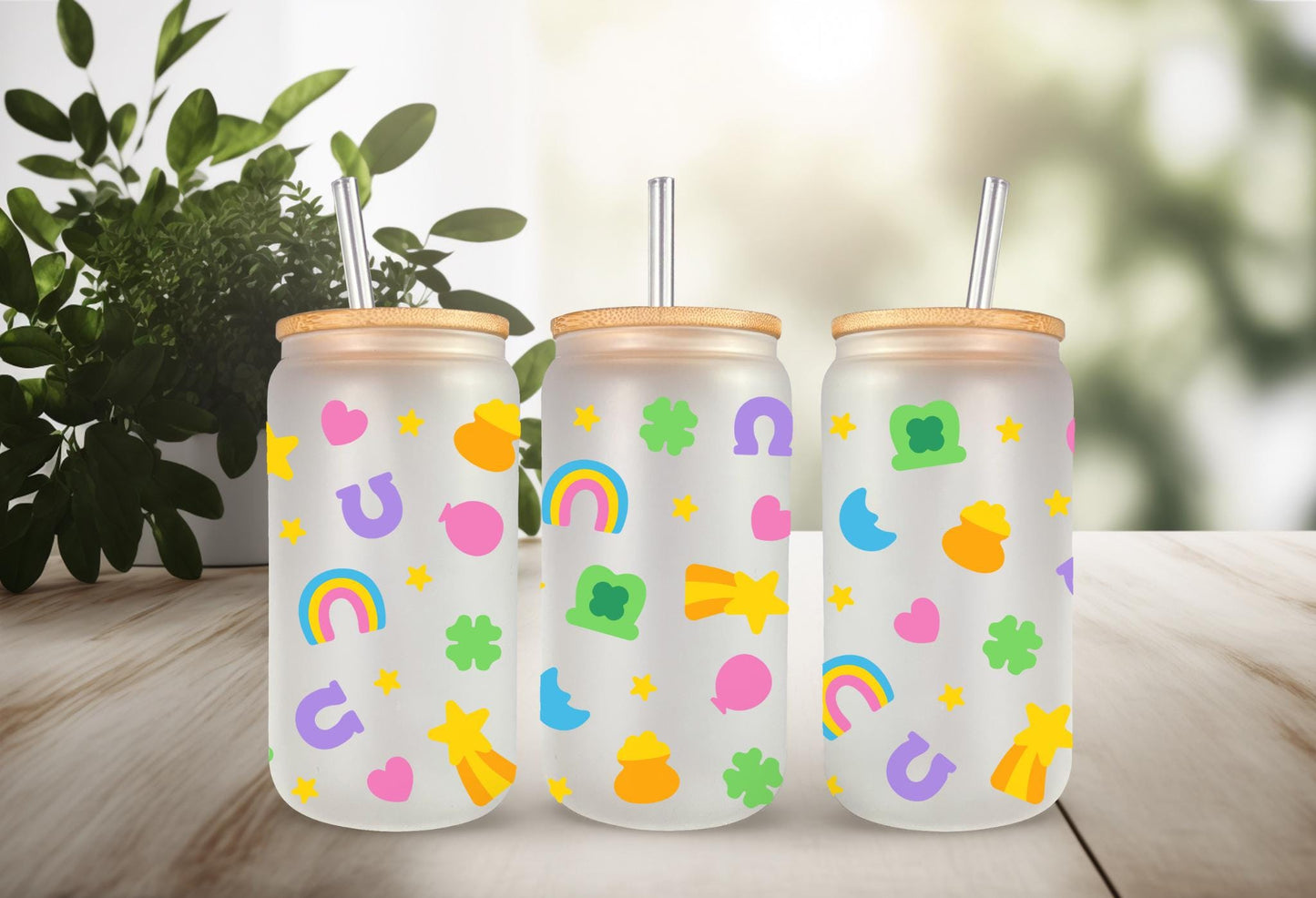 UVDTF Wrap Lucky St. Patrick  Charms 16oz Can Glass Mug Tumbler, Ready to apply. Permanent Waterproof Adhesive