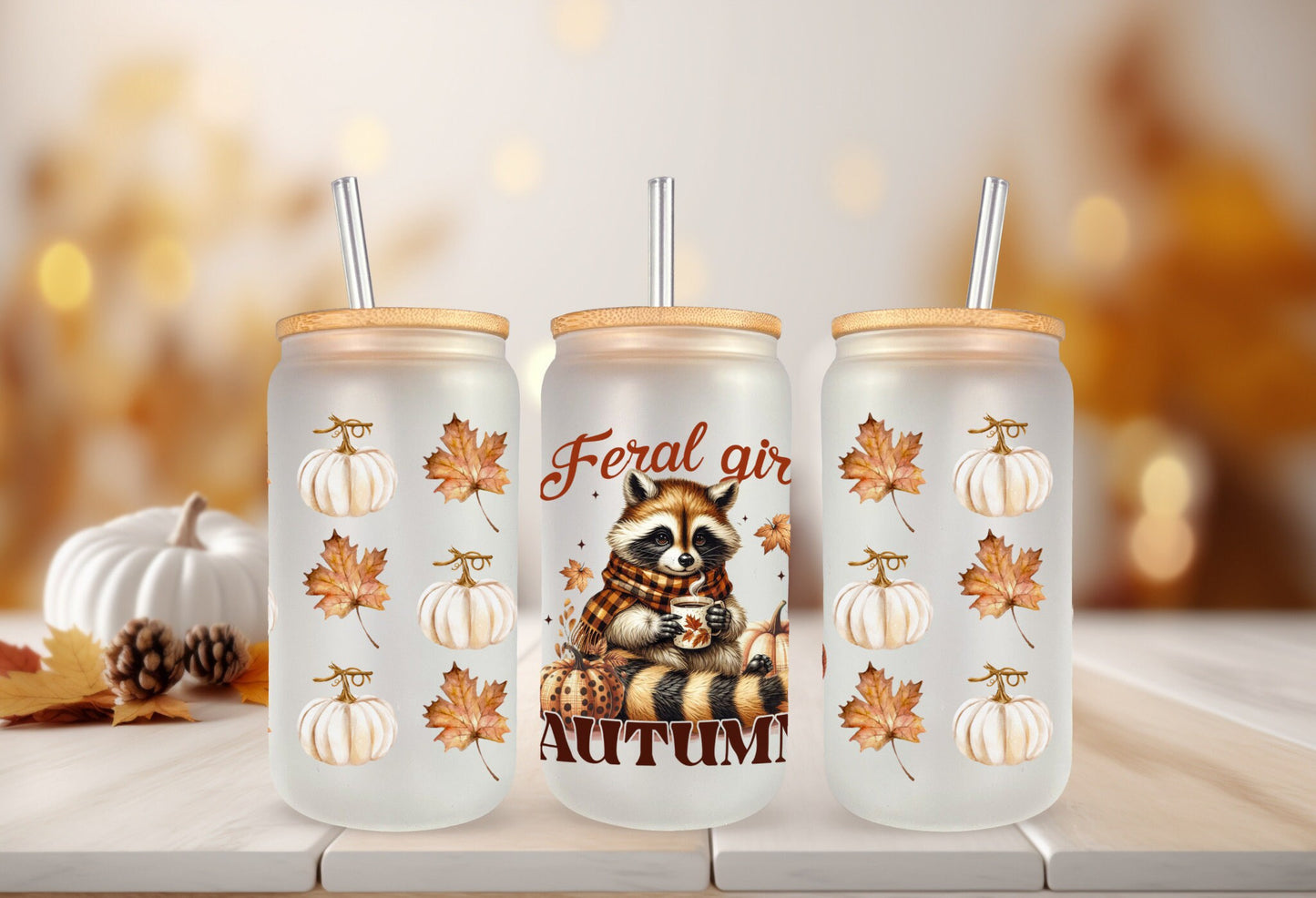 UVDTF Wrap Feral Girl Autumn Racoon Pumpkin for 16oz Can Glass Mug Tumbler, Ready to apply, Permanent Adhesive, Double Sided option