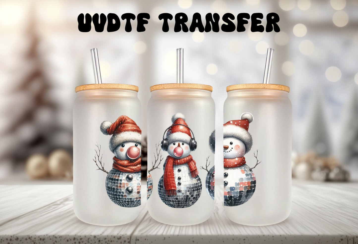 UVDTF Wrap Disco Snowmen 16oz Can Glass Mug Tumbler, Ready to apply, Permanent Waterproof Adhesive