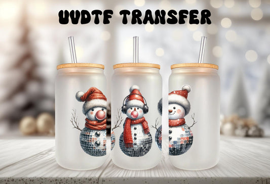 UVDTF Wrap Disco Snowmen 16oz Can Glass Mug Tumbler, Ready to apply, Permanent Waterproof Adhesive