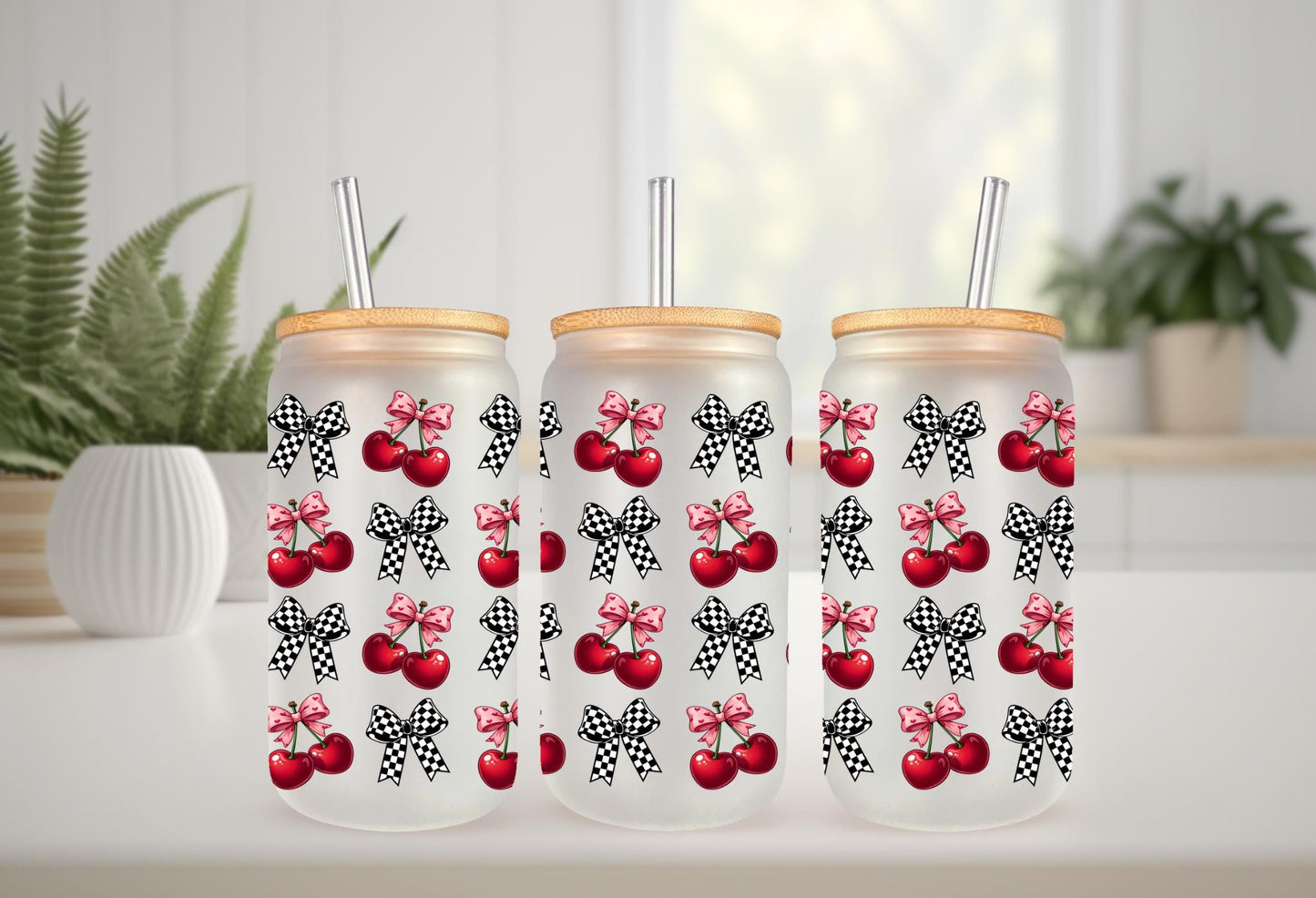 UVDTF Wrap Cherry Checkered Bows 16oz Can Glass Mug Tumbler Wrap, Geese Wrap, Ready to apply, Permanent Adhesive, Double sided option