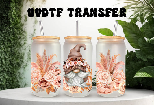 UVDTF Wrap Gnome Floral 16oz Can Glass Wrap  Mug Tumbler, Mom Gift, Ready to apply, Permanent Adhesive Waterproof, Add on a Cup