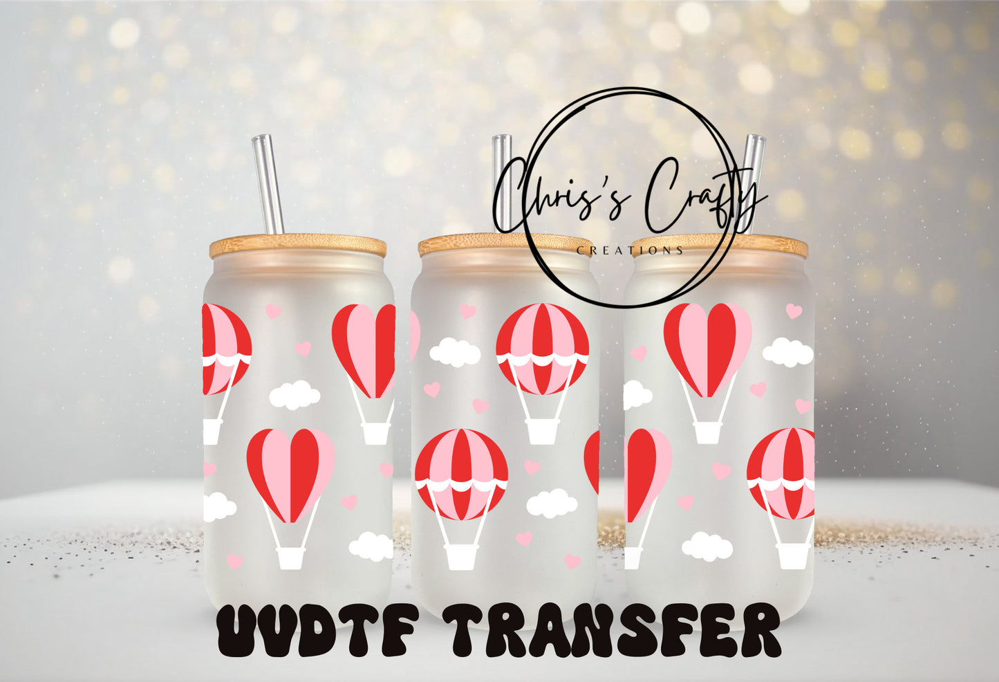 UVDTF Wrap Valentines Hot Air Balloons 16oz or 20oz  Can Glass Mug Tumbler, Ready to Apply, Permanent Waterproof Adhesive