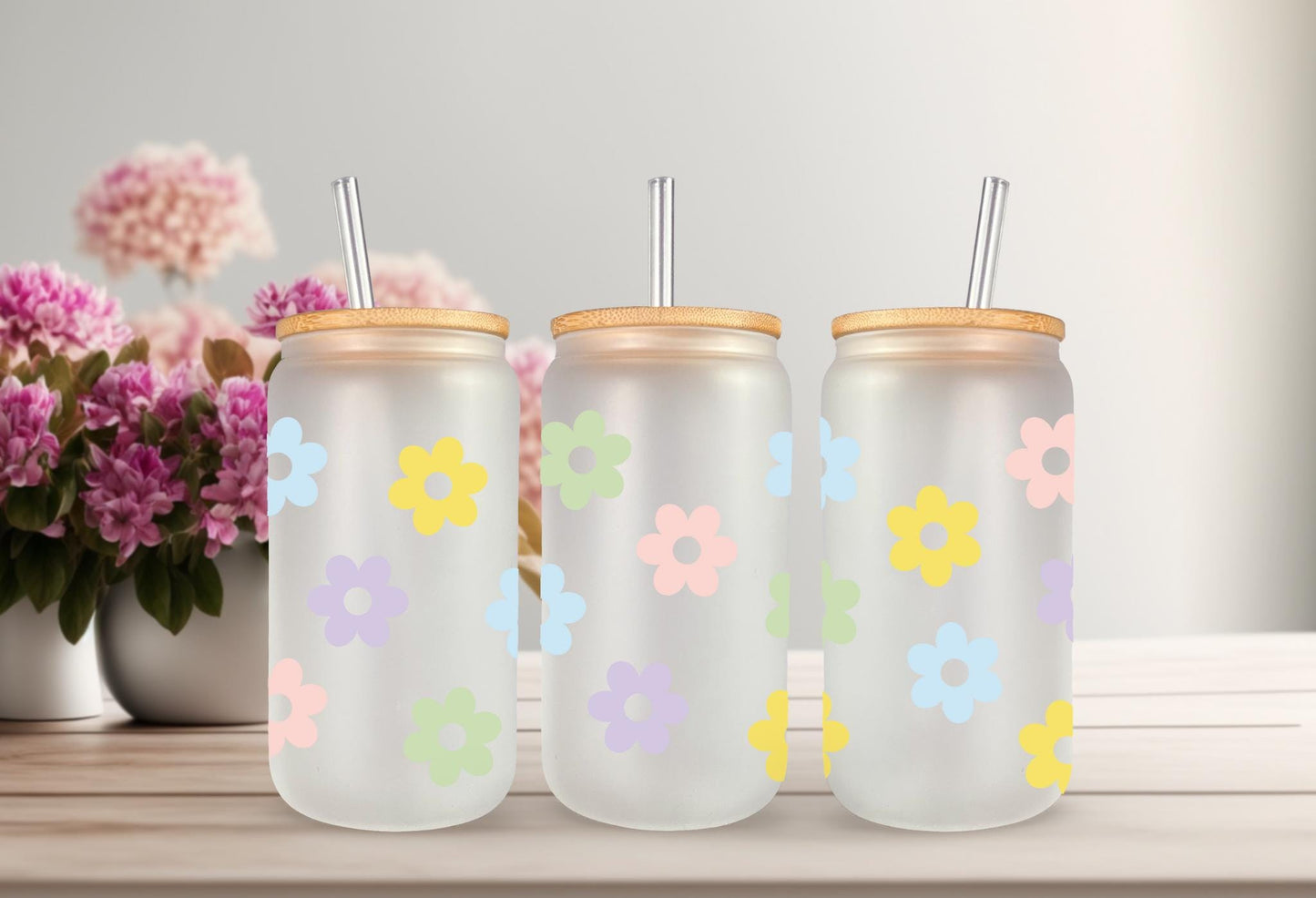 UVDTF Wrap Retro Flowers 16oz Can Glass Mug Tumbler, Floral Wrap, Ready to apply, Permanent Waterproof Adhesive
