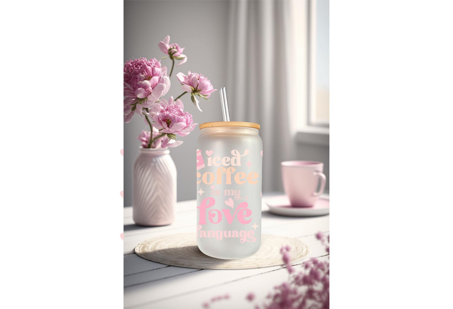 UVDTF Wrap Iced Coffee Hearts 16oz Can Glass Wrap Mug Tumbler, Ready to Apply, Permanent Waterproof Adhesive