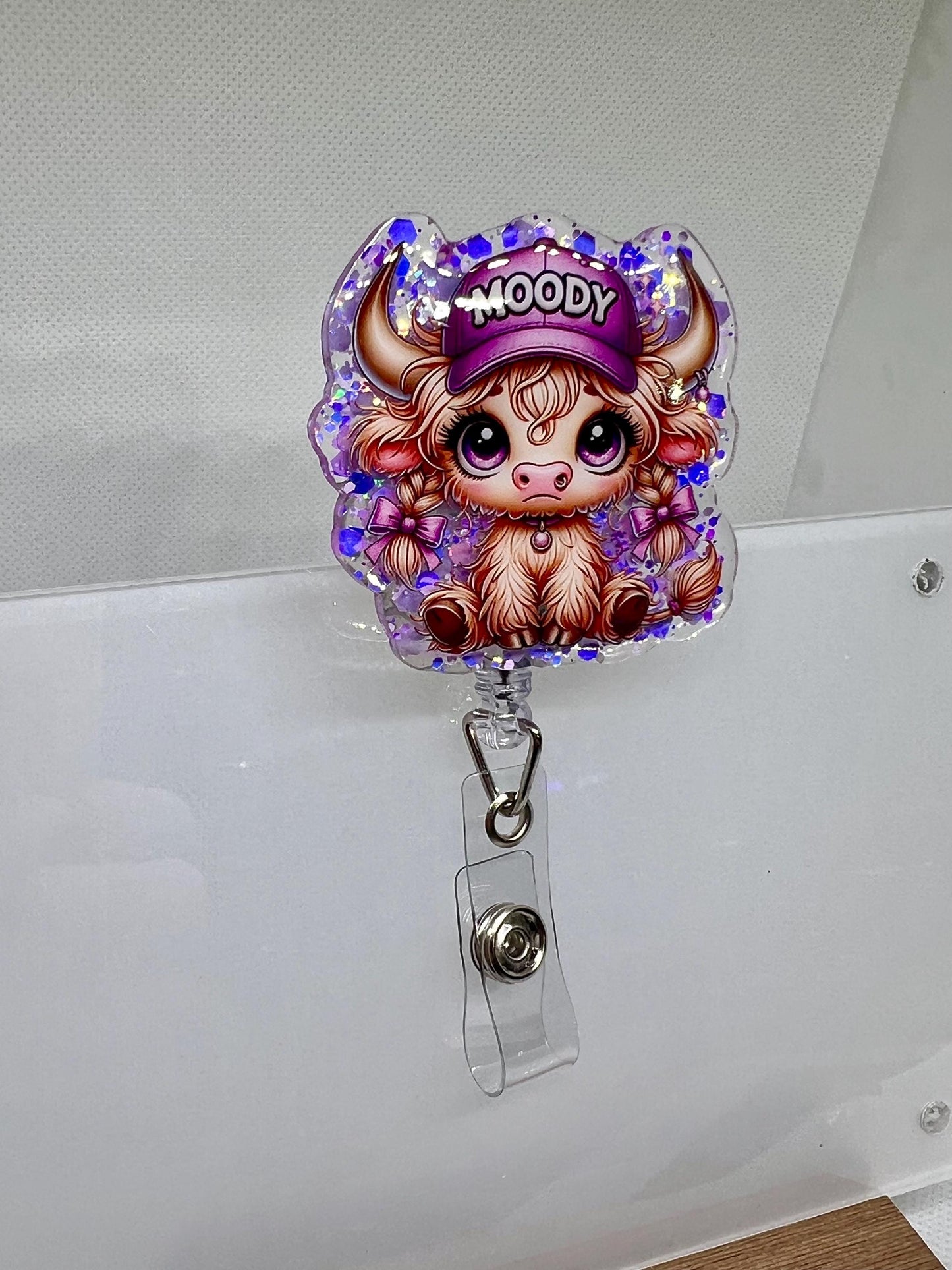 Highland Cow Badge Reel – Glittery 'Moody' Purple Hat Design with Retractable ID Holder