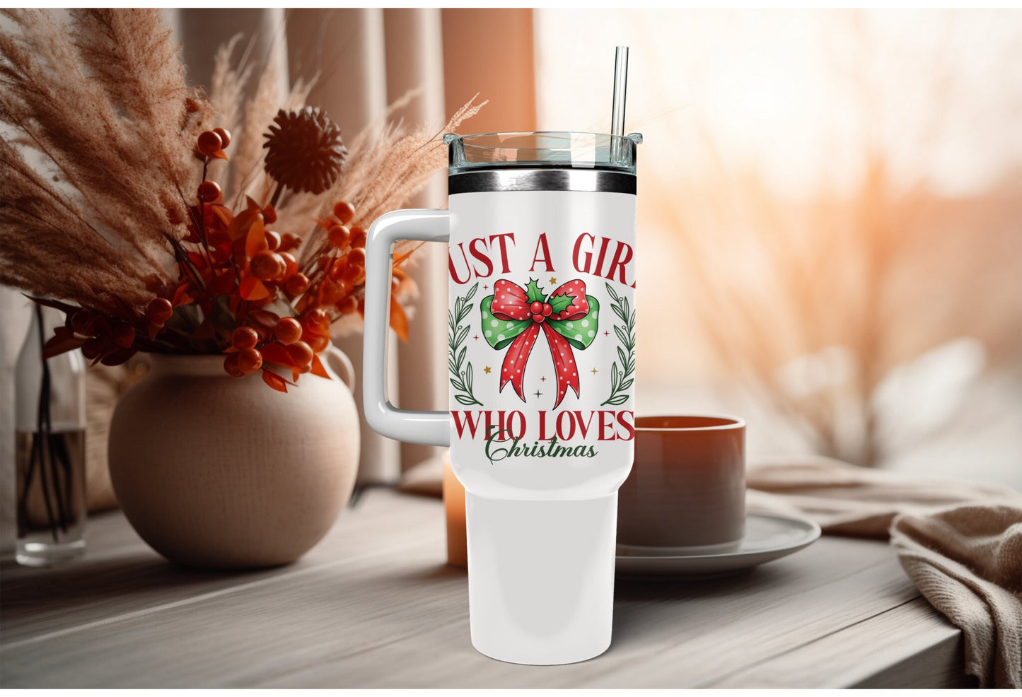UVDTF Wrap Just a Girl Who Loves Christmas Coquettes Bows 16oz Can Glass, Mug,  40oz  Tumbler, Ready to apply, Christmas Wrap