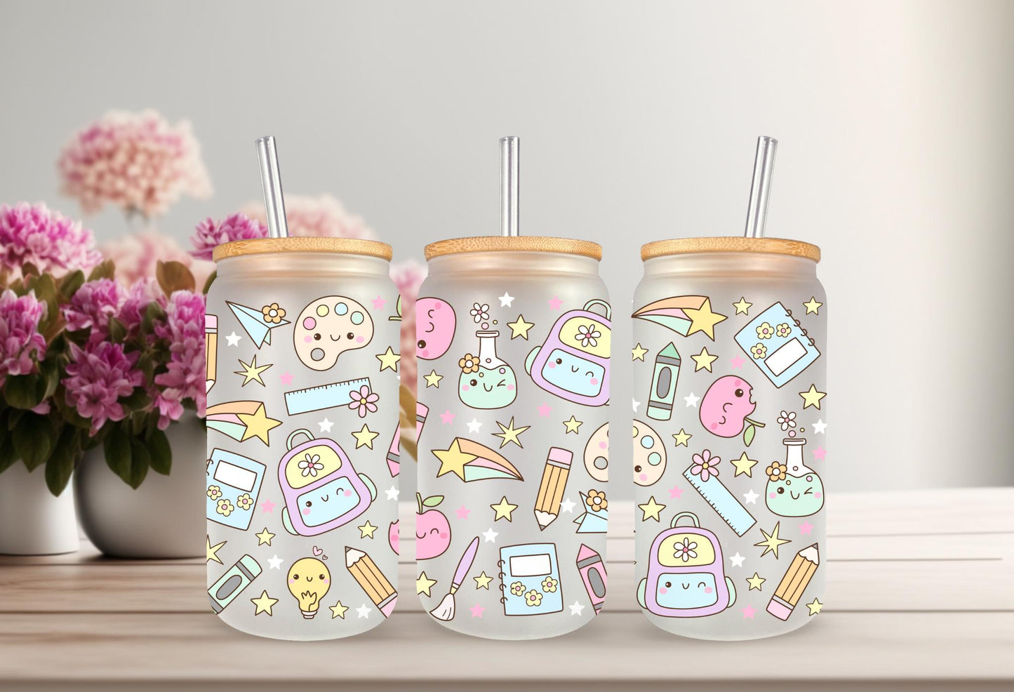 UVDTF Wrap Back to School Teacher 16oz Can Glass Mug Tumbler Wrap, School Wrap, Ready to apply, Permanent Waterproof Adhesive