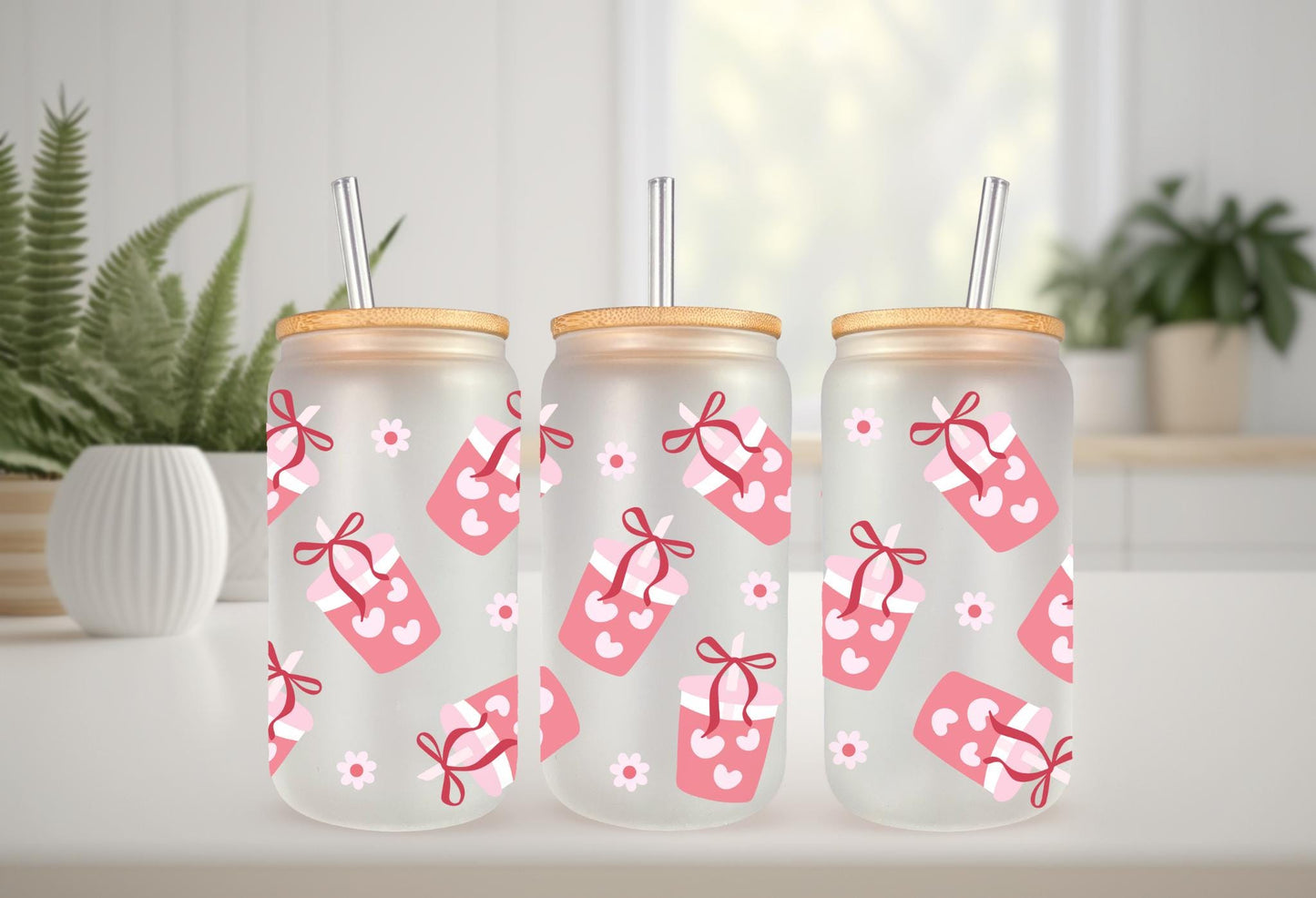 UVDTF Wrap Iced Coffee Floral 16oz Can Glass Wrap Mug Tumbler, Ready to Apply, Permanent Waterproof Adhesive