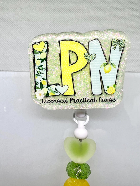 Glittery LPN Badge Reel – Lemon, Flower, and Heart Design for Licensed Practical Nurses, Retractable ID Holder