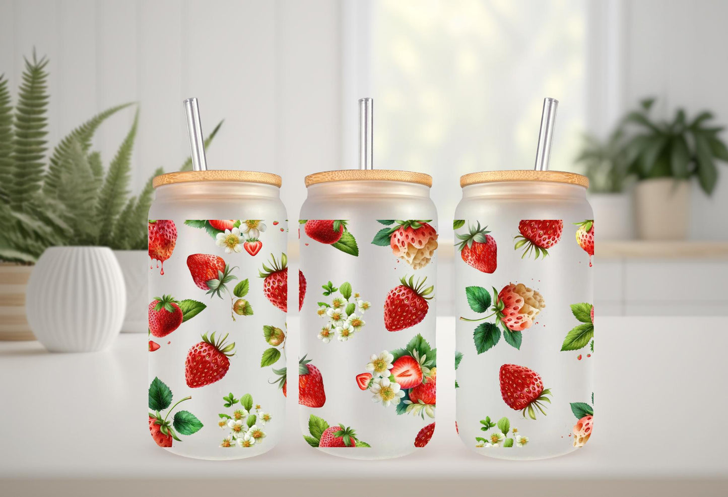 UVDTF Wrap Strawberry for 16oz Can Glass Mug Tumbler, Ready to Apply, Permanent Waterproof Adhesive