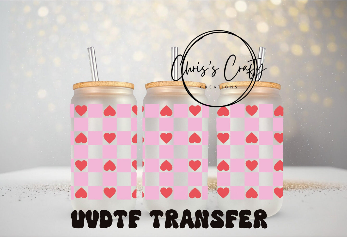 UVDTF Wrap Valentine Checkered Hearts 16oz Can Glass Mug Tumbler, Ready to apply, Permanent Waterproof Adhesive