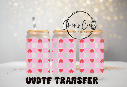 UVDTF Wrap Valentine Checkered Hearts 16oz Can Glass Mug Tumbler, Ready to apply, Permanent Waterproof Adhesive
