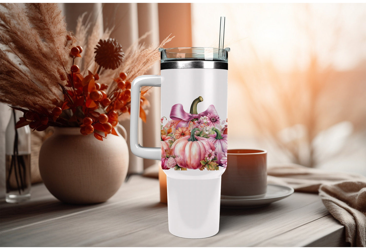 UVDTF Wrap Fall Pumpkin Pink Floral 16oz Can Glass, Mug, Tumbler Wrap, Ready to Apply, Permanent Waterproof Adhesive