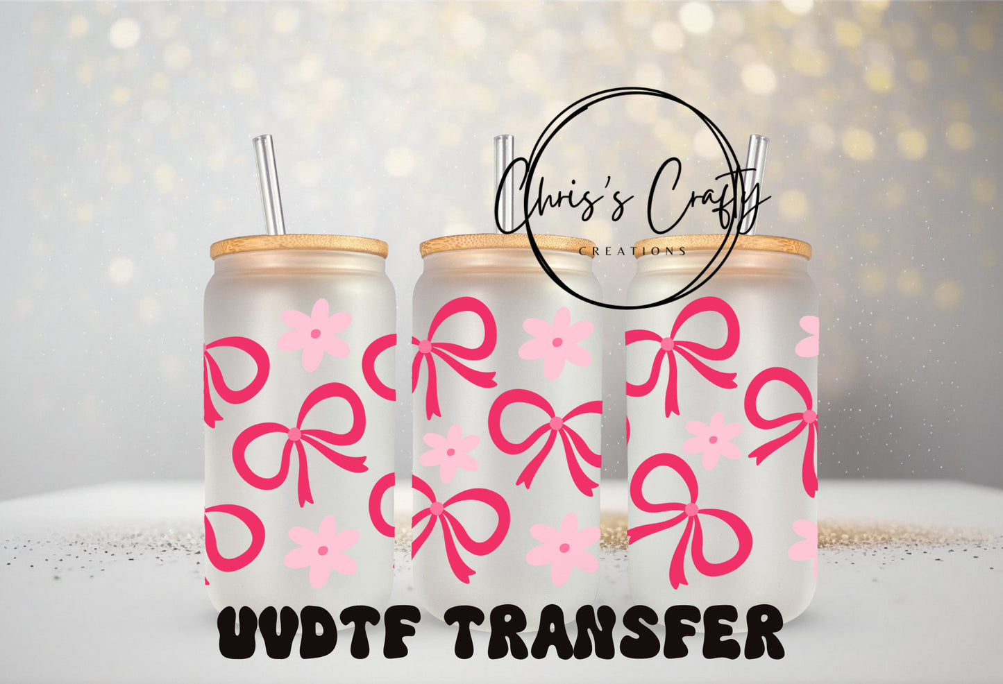 UVDTF Wrap Coquette Bows Pink Flowers 16oz Can Glass Mug Tumbler, Mom Gifts, Ready to Apply, Permanent Waterproof Adhesive