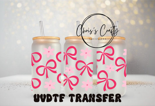 UVDTF Wrap Coquette Bows Pink Flowers 16oz Can Glass Mug Tumbler, Mom Gifts, Ready to Apply, Permanent Waterproof Adhesive