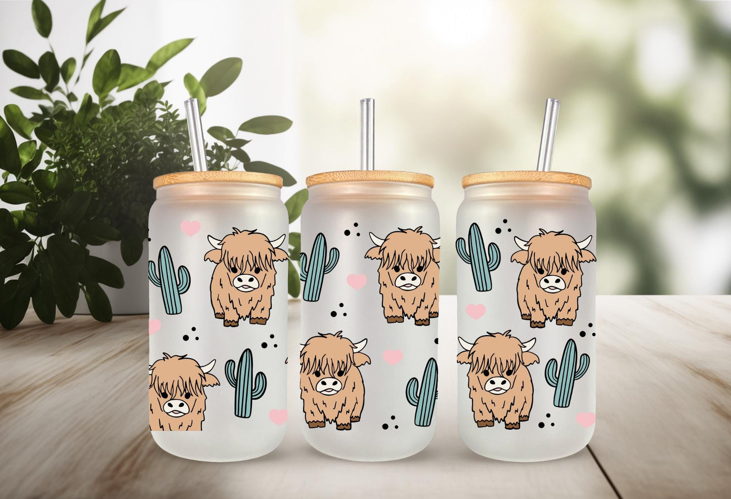 UVDTF Wrap Highland Cow Cactus for 16oz Can Glass Mug Tumbler, Ready to Apply, Permanent Waterproof Adhesive