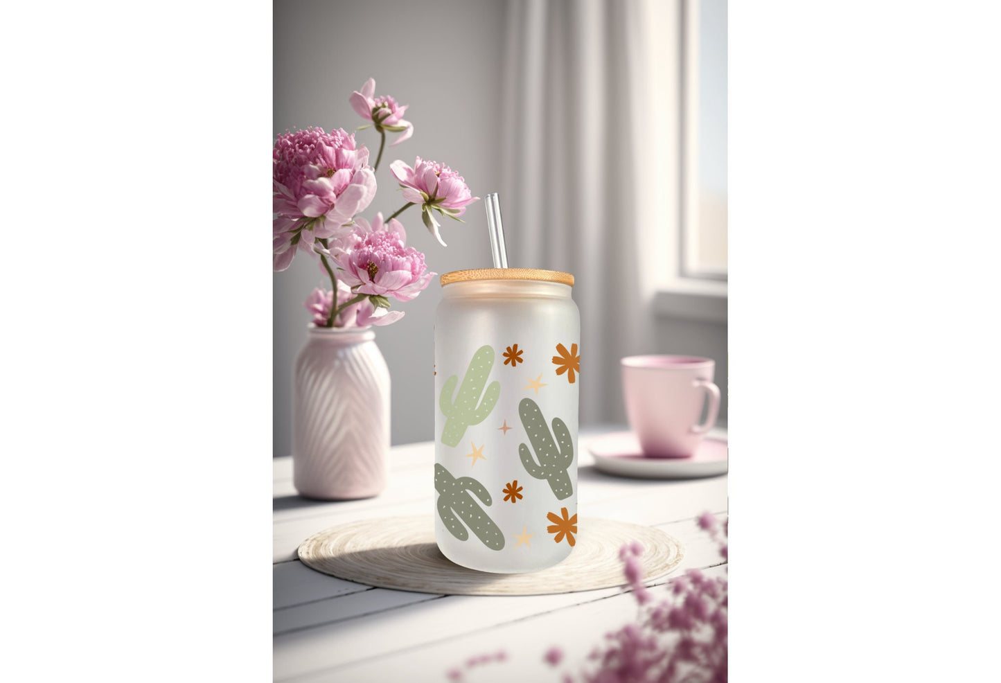 UVDTF Wrap Boho Cactus for 16oz Can Glass, Mug, Tumbler, Cactus Wrap, Ready to apply, Permanent Adhesive Waterproof, Add on a Cup