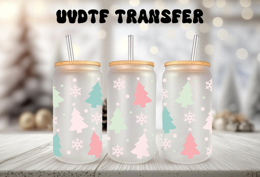 UVDTF Wrap Pastel Trees Snowflakes for 16oz Can Glass Mug Tumbler, Ready to Apply, Permanent Waterproof Adhesive