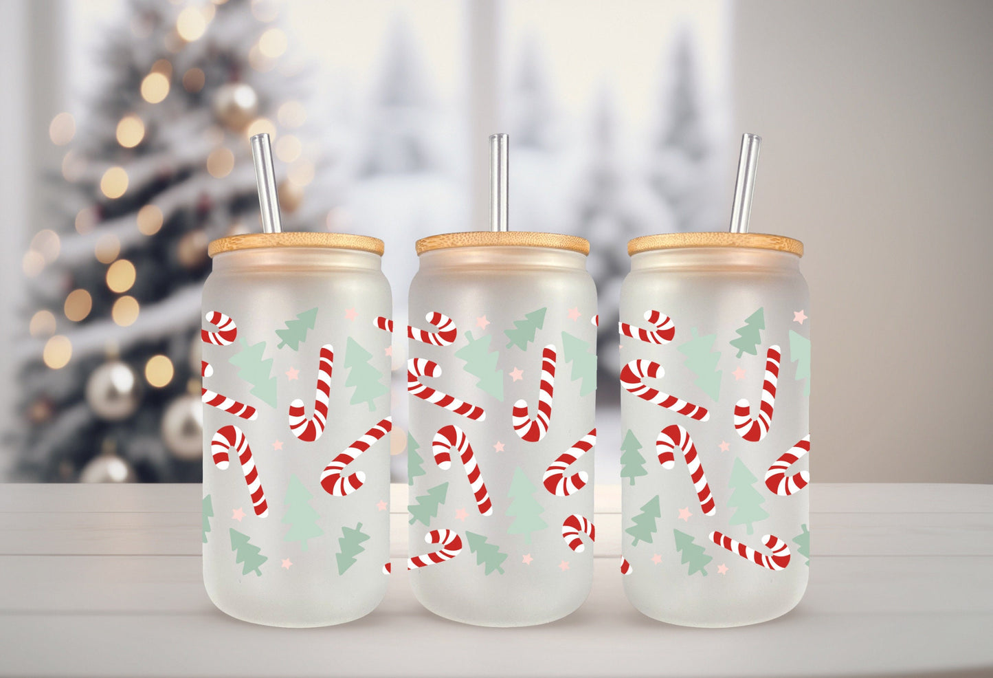 UVDTF Wrap Christmas Candy Canes Trees 16oz Can Glass Mug Tumbler, Ready to apply, Waterproof Permanent Adhesive