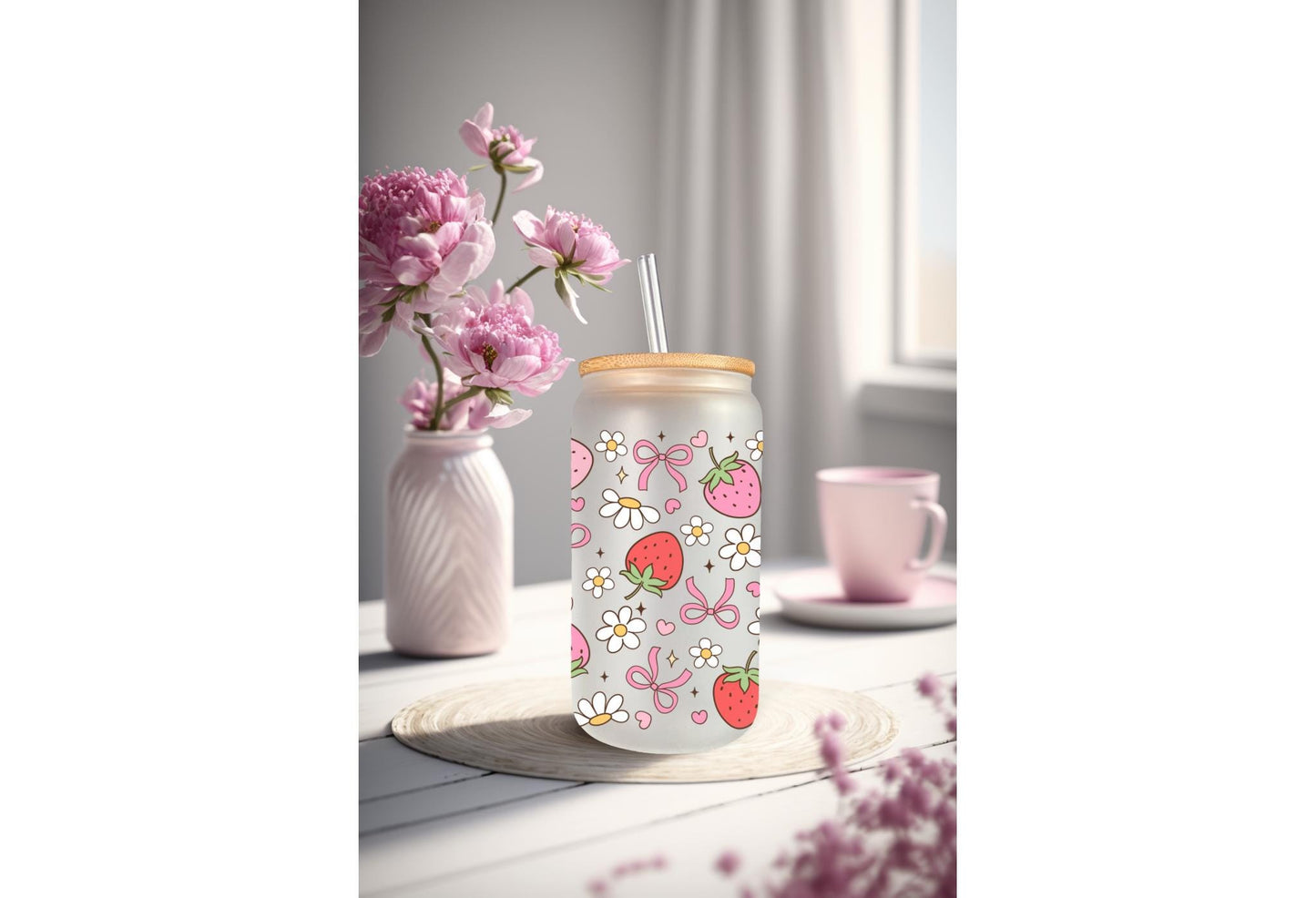 UVDTF Wrap Strawberry Daisy Bow 16oz Can Glass Mug Tumbler, Ready to apply, Permanent Waterproof Adhesive