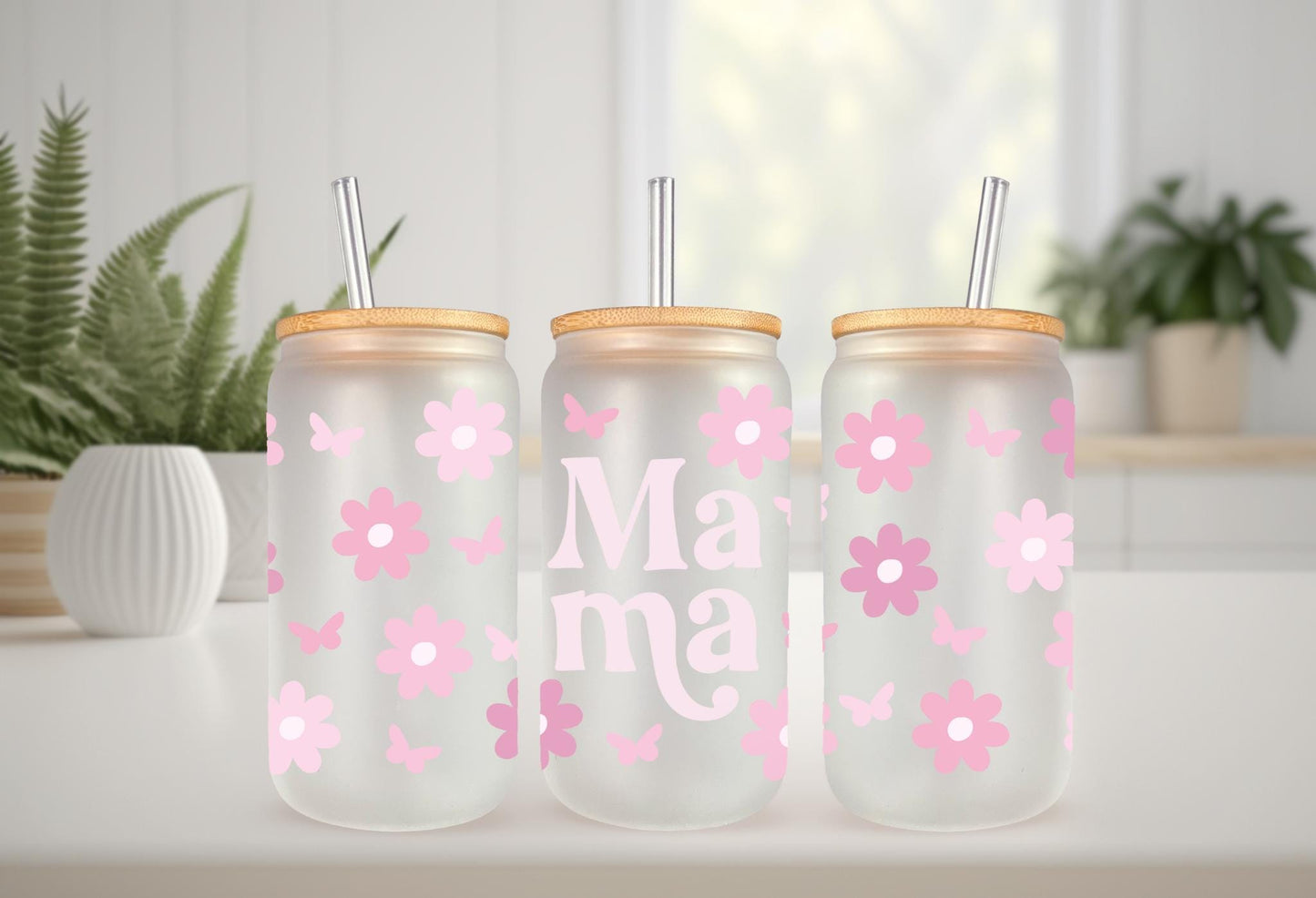 UVDTF Wrap Mama Floral Butterfly 16oz Can Glass Mug Tumbler, Ready to Apply, Permanent Waterproof Adhesive, Mom Gift