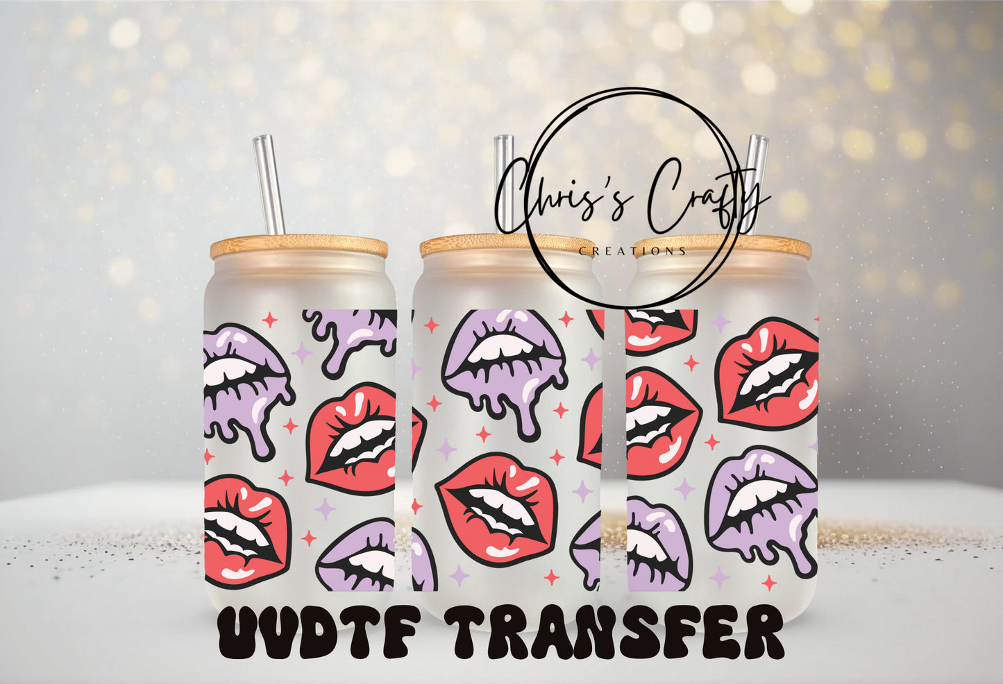 UVDTF Wrap Valentines Lips 16oz, 20oz Can Glass Mug Tumbler, Ready to apply, Permanent Waterproof Adhesive