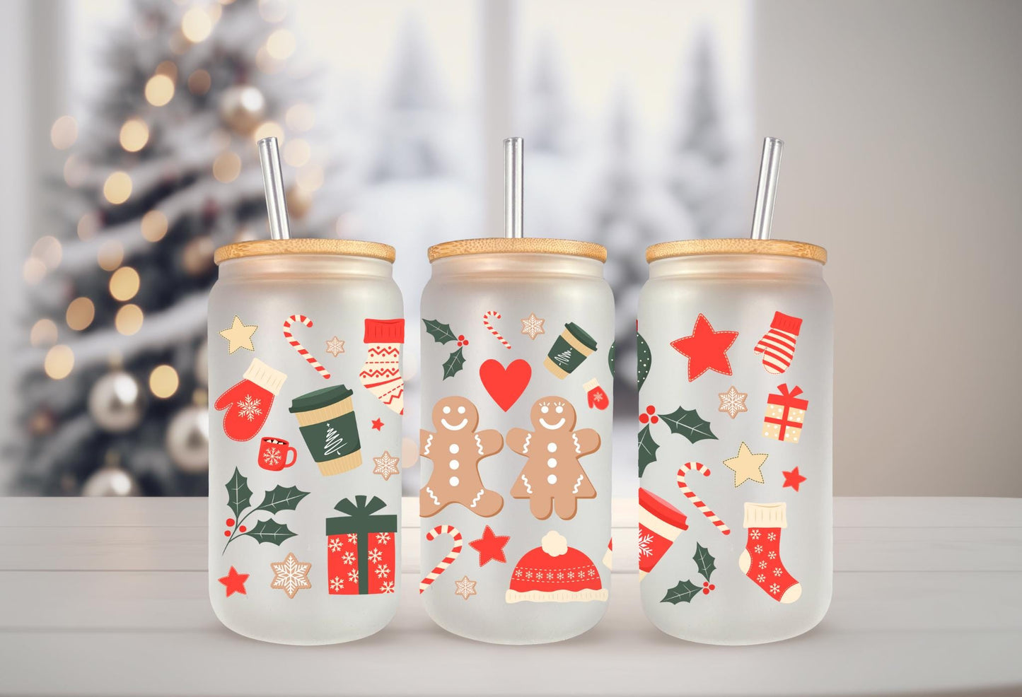 UVDTF WRAP Gingerbread Man Christmas 16oz Can Glass Mug Tumbler, Ready to apply, Waterproof Permanent Adhesive