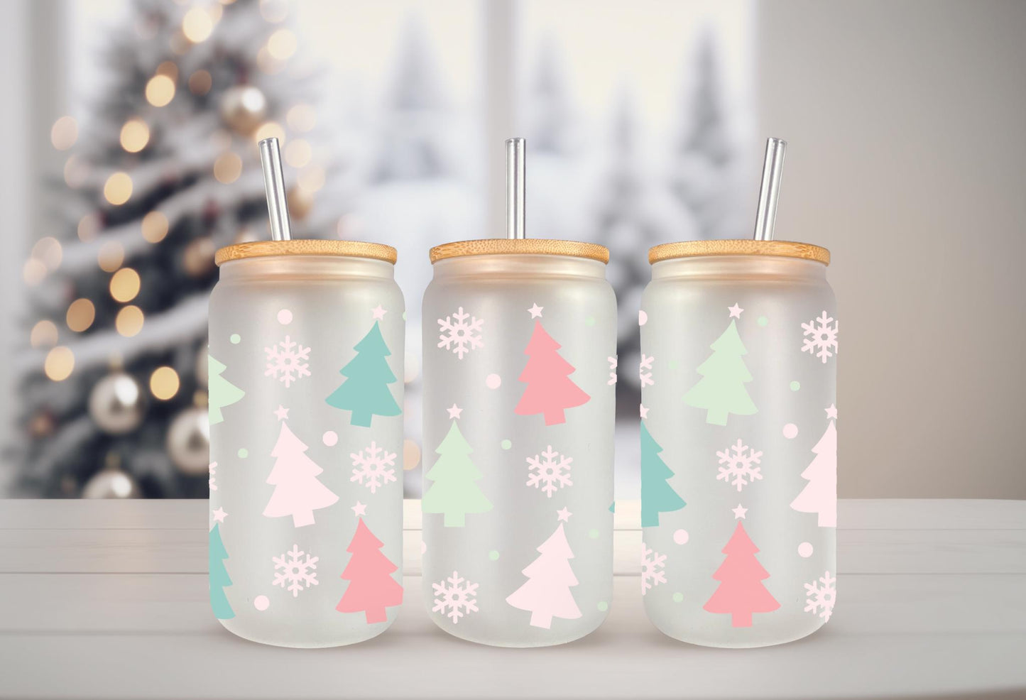 UVDTF Wrap Pastel Trees Snowflakes for 16oz Can Glass Mug Tumbler, Ready to Apply, Permanent Waterproof Adhesive