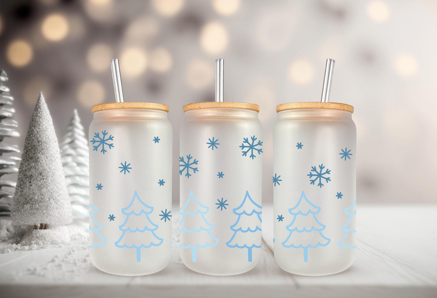 UVDTF Wrap Blue Snowflakes Trees 16oz Can Glass Mug Tumbler,, Ready to Apply, Permanent Waterproof Adhesive
