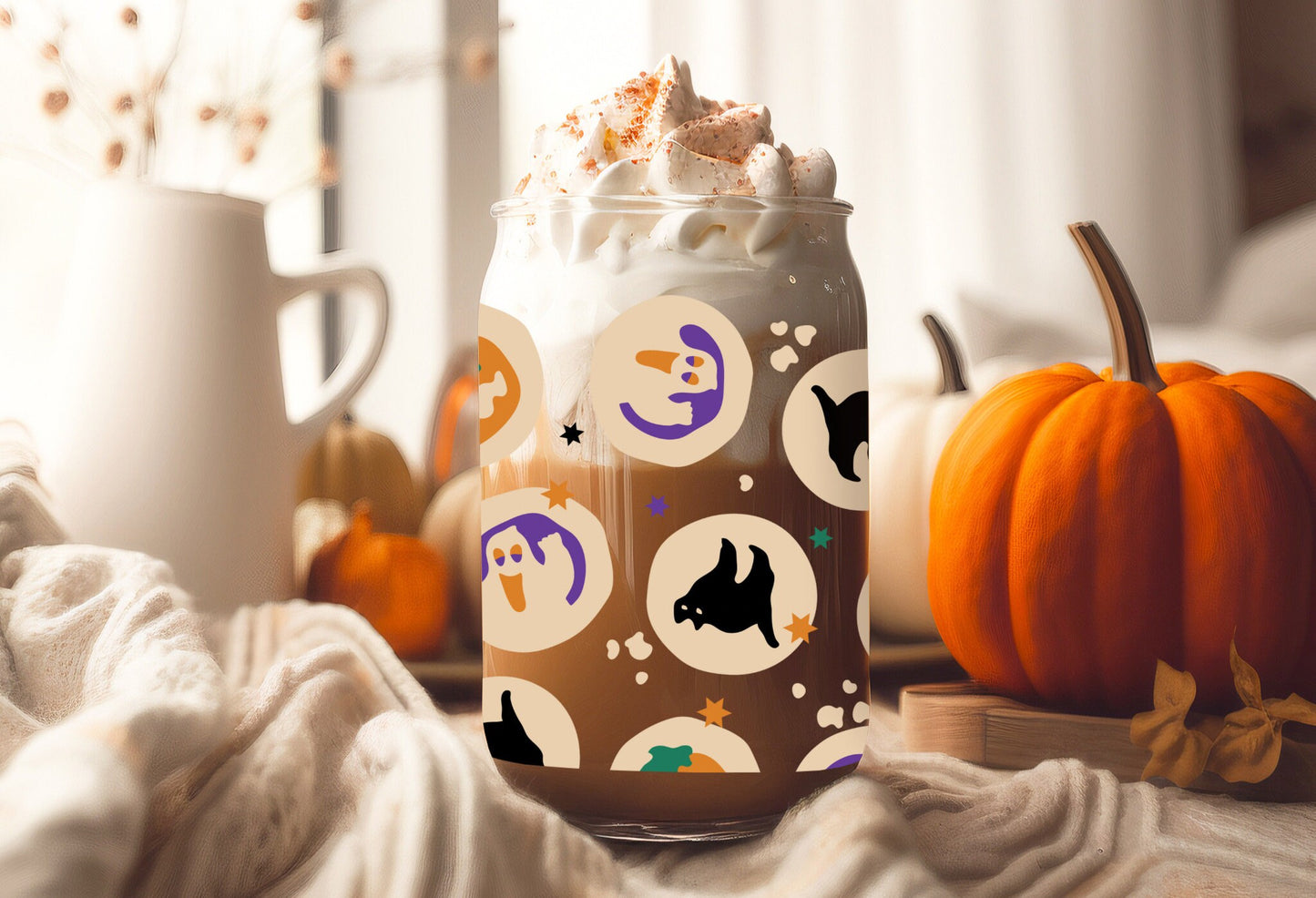 UVDTF Wrap Halloween Ghost Pumpkin Cat Cookies for 16oz Can Glass Mug Tumbler, Ready to Apply, Permanent Waterproof Adhesive