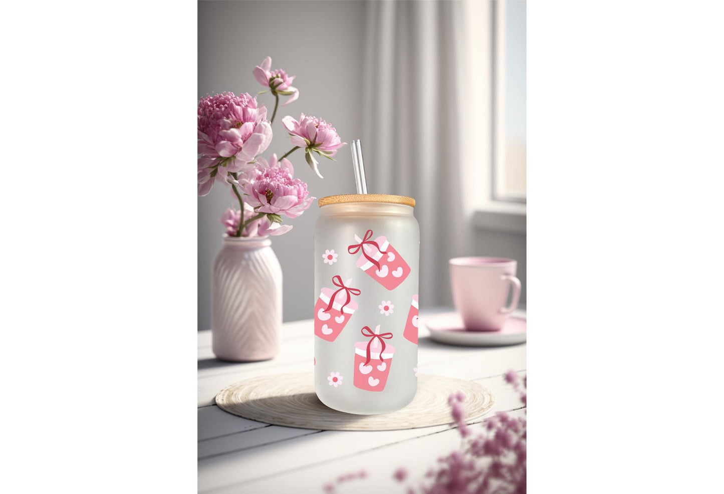 UVDTF Wrap Iced Coffee Floral 16oz Can Glass Wrap Mug Tumbler, Ready to Apply, Permanent Waterproof Adhesive