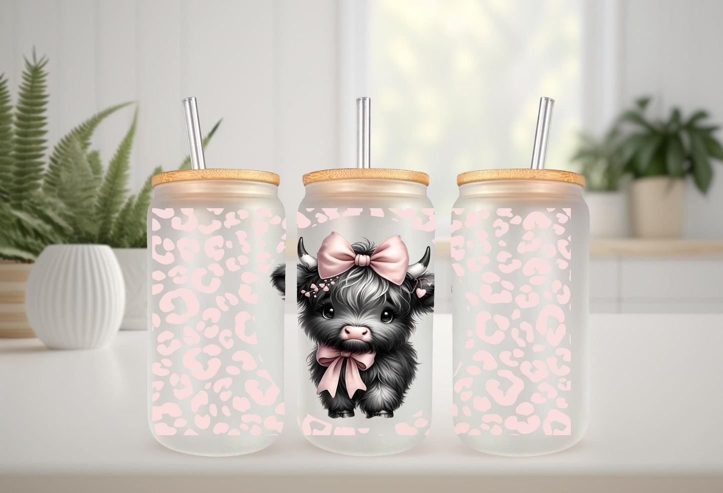 UVDTF Wrap Highland Cow pink Bow Leopard Print 16oz Can Glass Mug Tumbler Wrap, Geese Wrap, Ready to apply, Permanent Adhesive