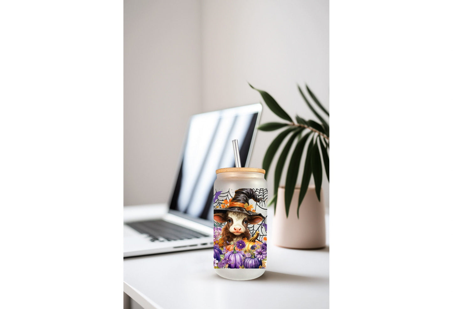 UVDTF Wrap Cow Witch Purple Floral Pumpkin 16oz Can Glass Mug Tumbler,  Ready to Apply, Permanent Waterproof Adhesive