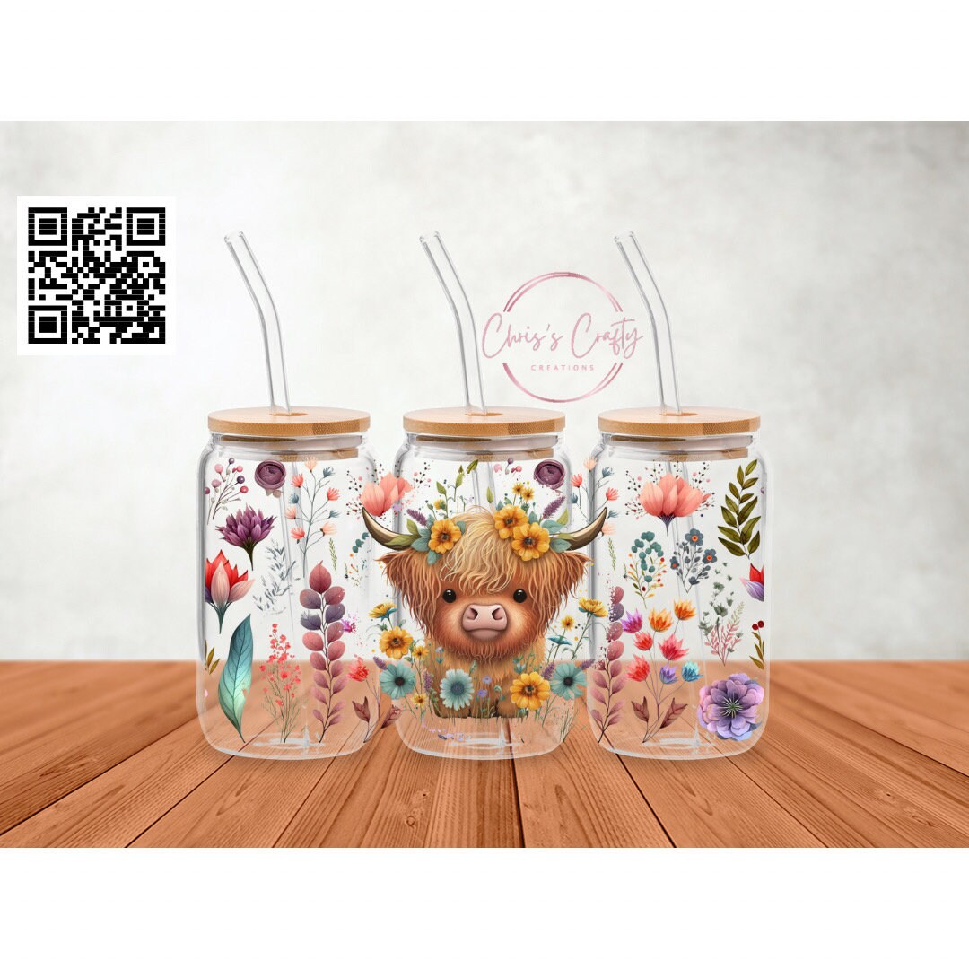 UVDTF Wrap Highland Cow Flowers 16oz Can Glass Mug Tumbler, Ready to Apply, Permanent Waterproof Adhesive