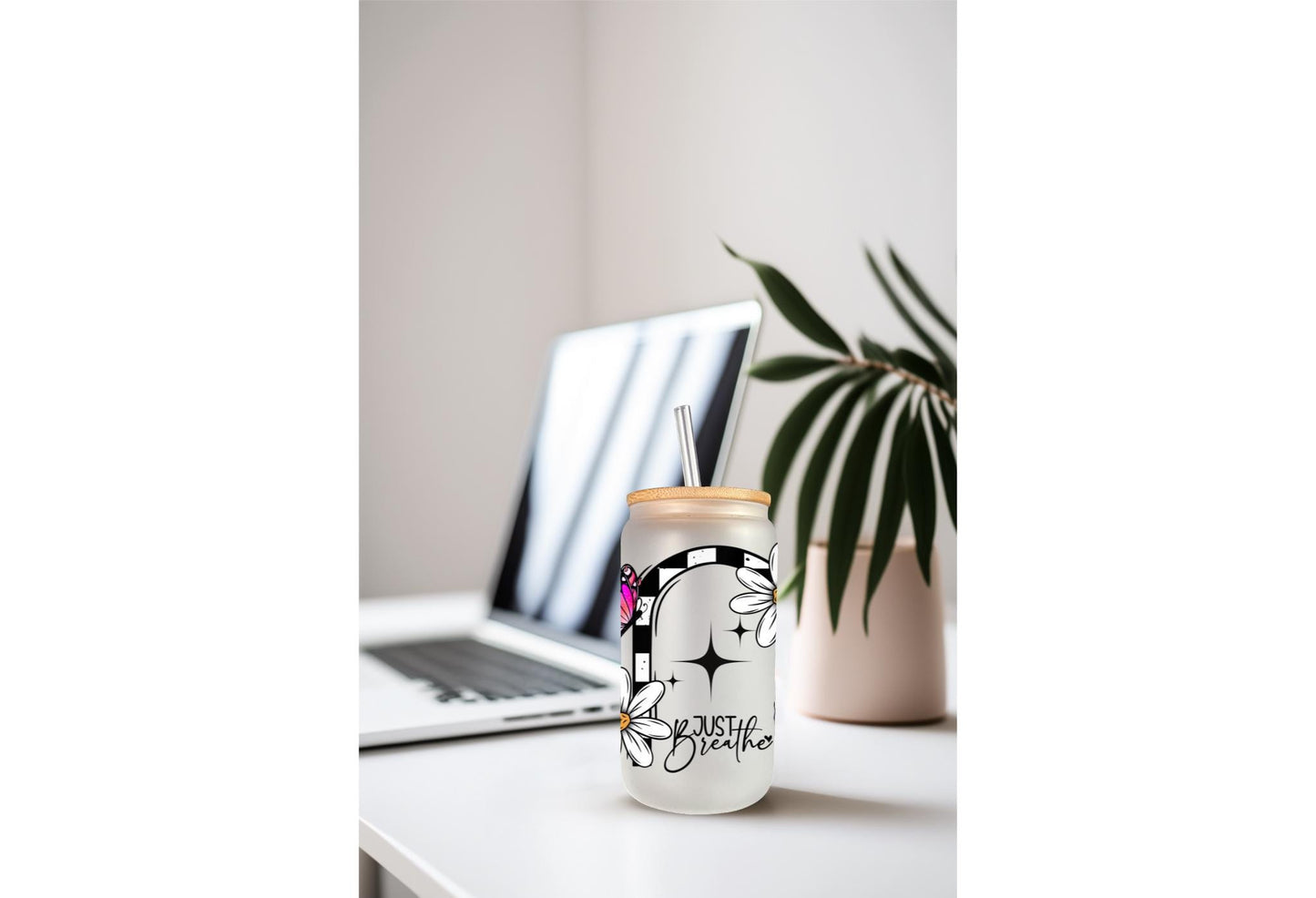 UVDTF Wrap Positive Saying Floral Butterfly 16oz Can Glass Mug Tumbler, Just Breathe Wrap, Ready to Apply, Permanent Waterproof Adhesive