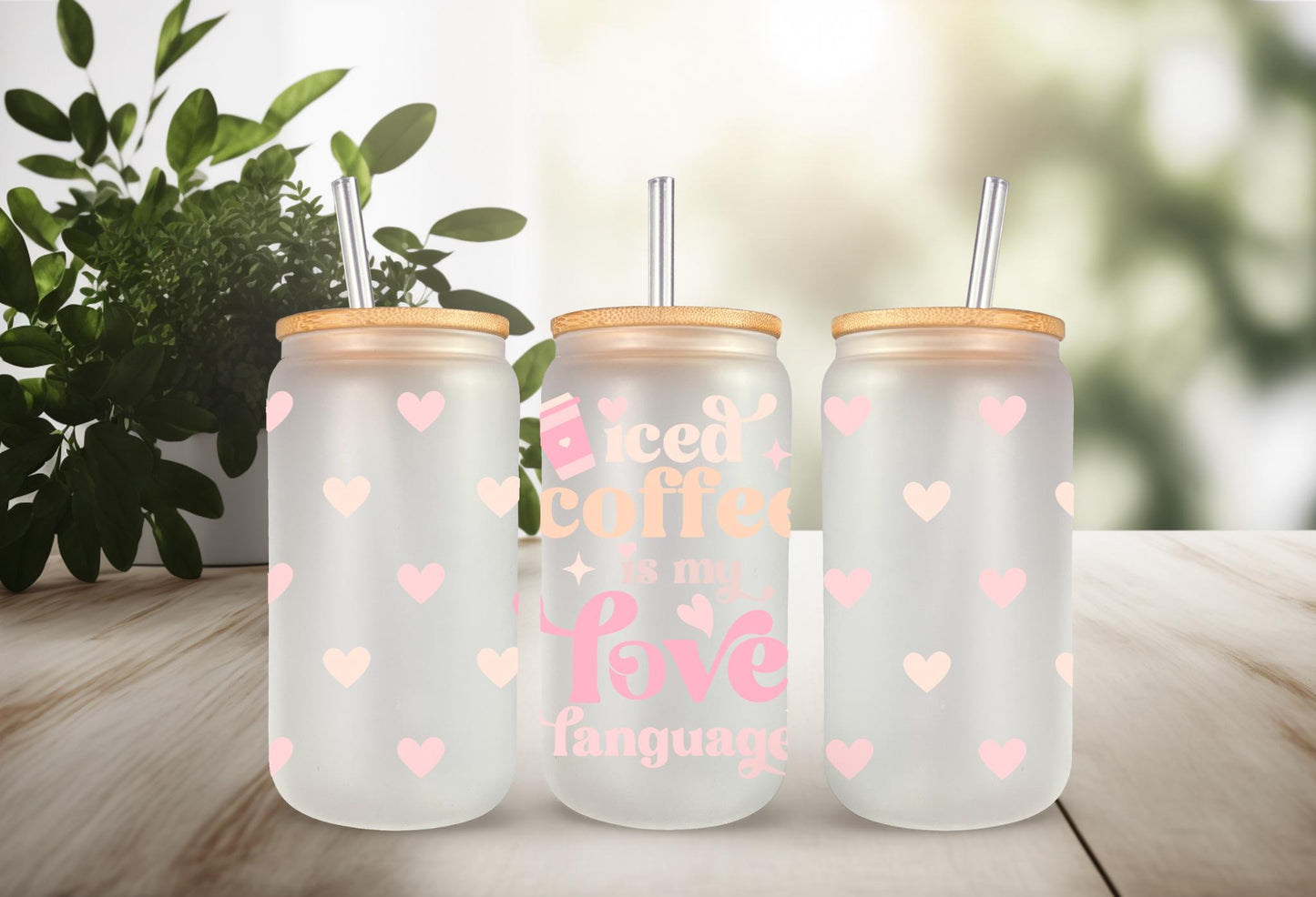 UVDTF Wrap Iced Coffee Hearts 16oz Can Glass Wrap Mug Tumbler, Ready to Apply, Permanent Waterproof Adhesive