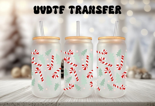 UVDTF Wrap Christmas Candy Canes Trees 16oz Can Glass Mug Tumbler, Ready to apply, Waterproof Permanent Adhesive