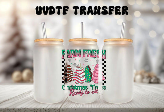 UVDTF Decal Tree Cake Farm Fresh  16oz Can Glass Mug Tumbler, Christmas Tree Cake Decal, Ready to apply, Permanent Waterproof Adhesive