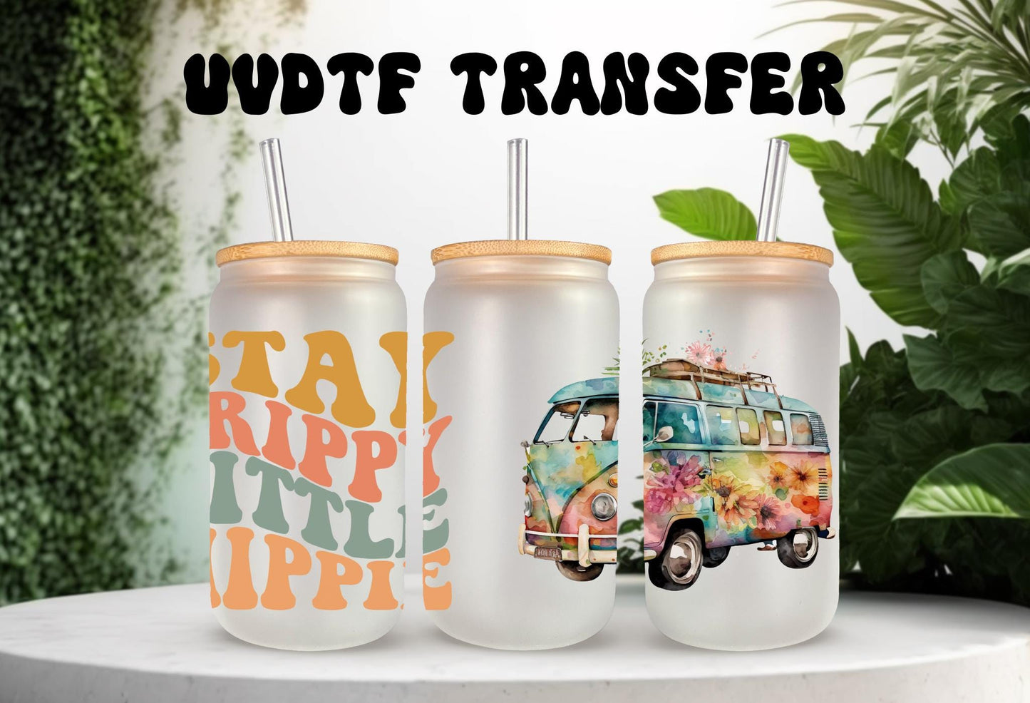 UVDTF Wrap Retro Stay Trippie Little Hippie Van 16oz Can Glass Mug Tumbler, Ready to apply, Permanent Waterproof Adhesive